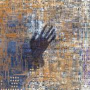 The outline of a human hand trapped behind a grid of tiny intersecting circuits